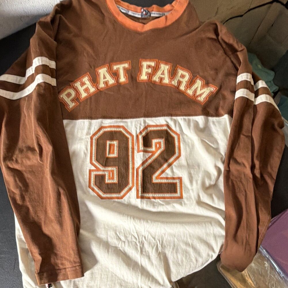 Phat Farm Brown/White/Orange Colorblock Logo Crew Neck Men's XL Long Sleeve Tee